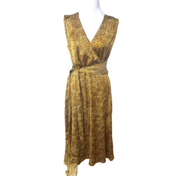 Santorelli VELIA Sleeveless Midi Dress in Dijon Yellow Printed Satin SIZE 8 NWT - Picture 2 of 6